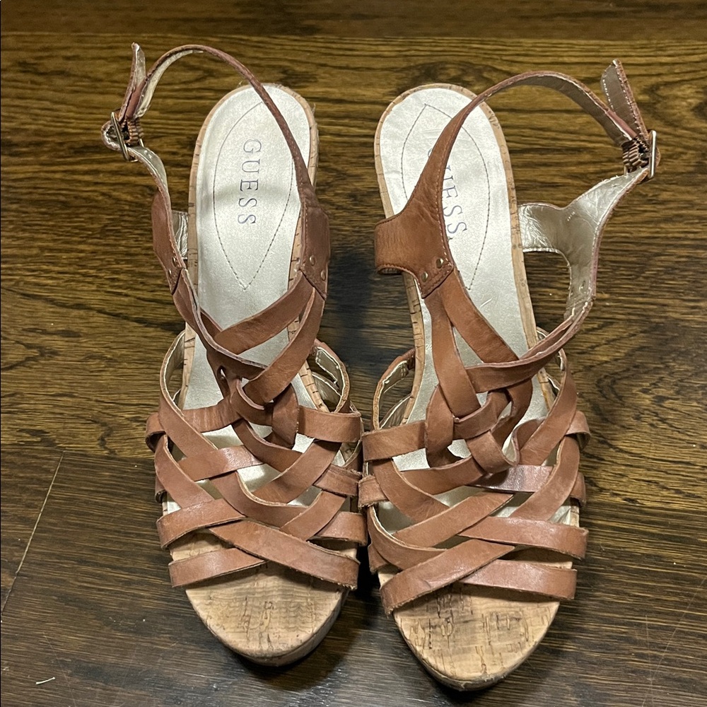 Guess Brown Strappy Wedge Sandals